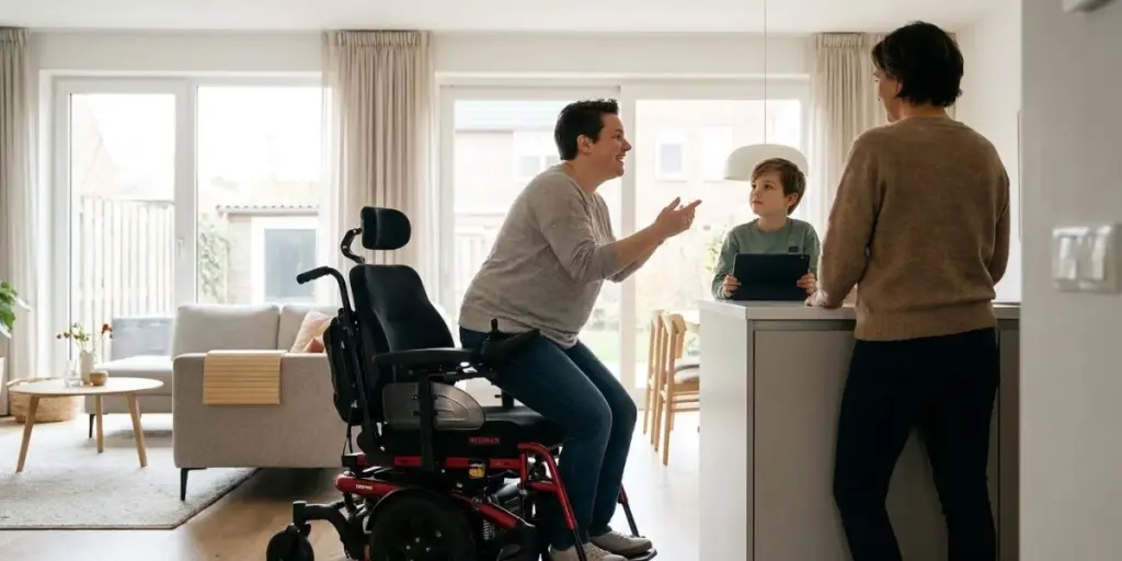 User operating a standing wheelchair in a bright living room environment.