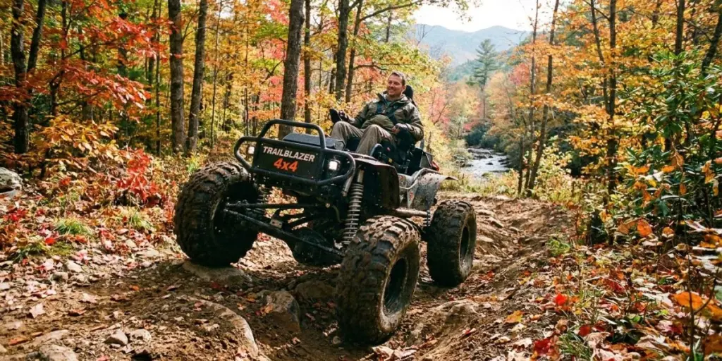 Off road power wheelchair navigating an unpaved outdoor park trail.